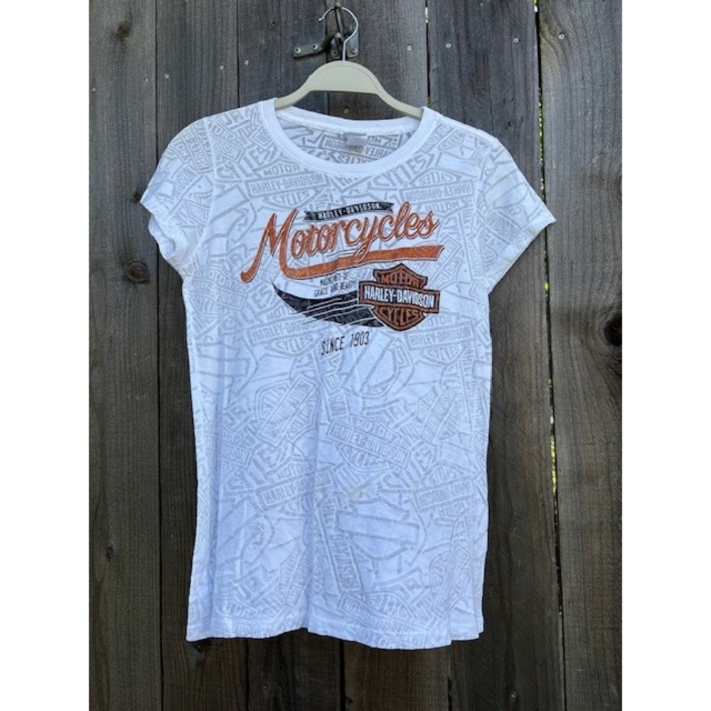 Harley-Davidson Reno NV All Over Print Graphic T-Shirt White Orange Womens Small